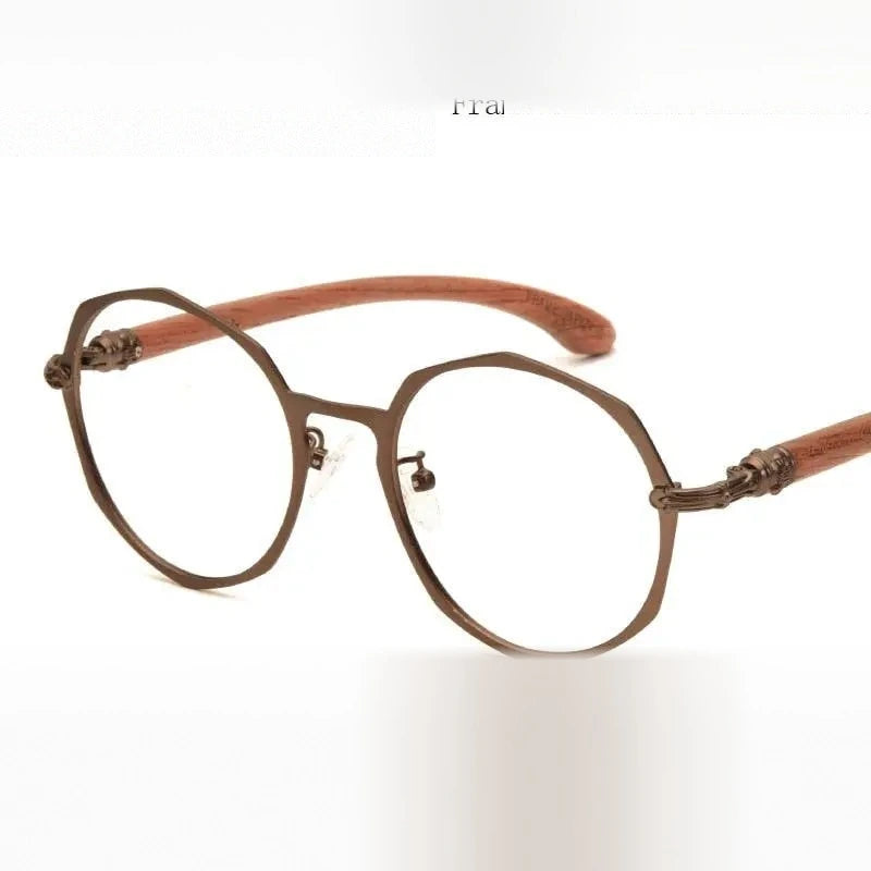 Hdcrafter Unisex Full Rim Round Acetate Alloy Frame Wood Temple Eyeglasses 7578d - Coffee Frame