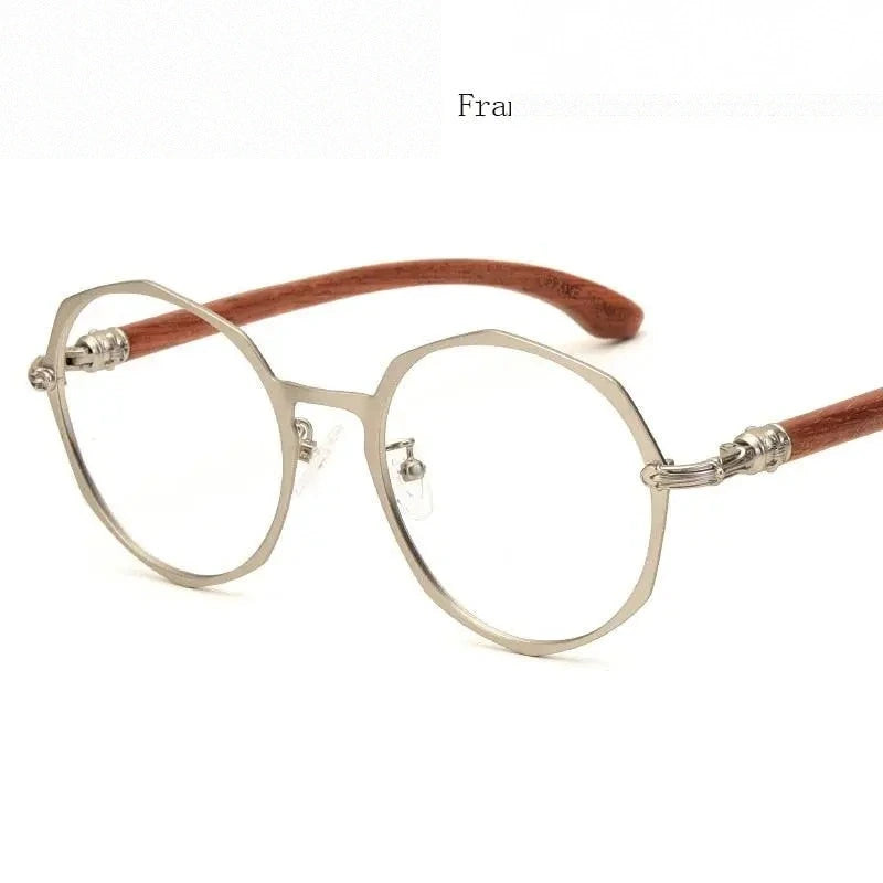 Hdcrafter Unisex Full Rim Round Acetate Alloy Frame Wood Temple Eyeglasses 7578d - Silver Frame