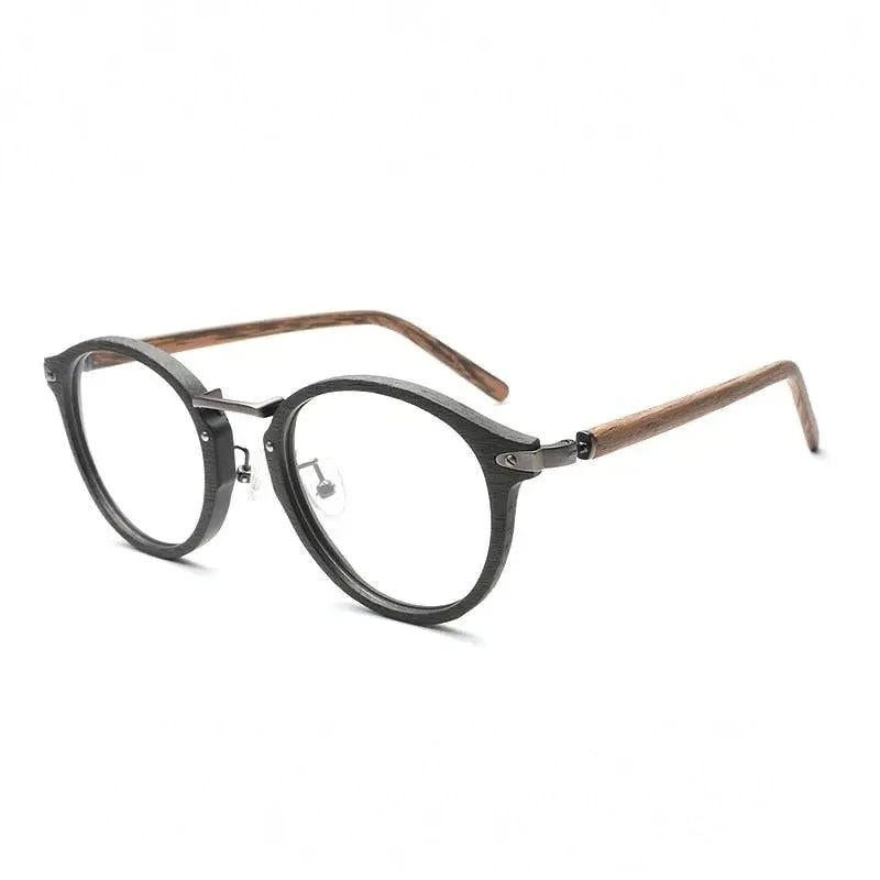 Hdcrafter Unisex Full Rim Round Acetate Eyeglasses Acetate Round Wood Grain Bc06 - Black Brown C86