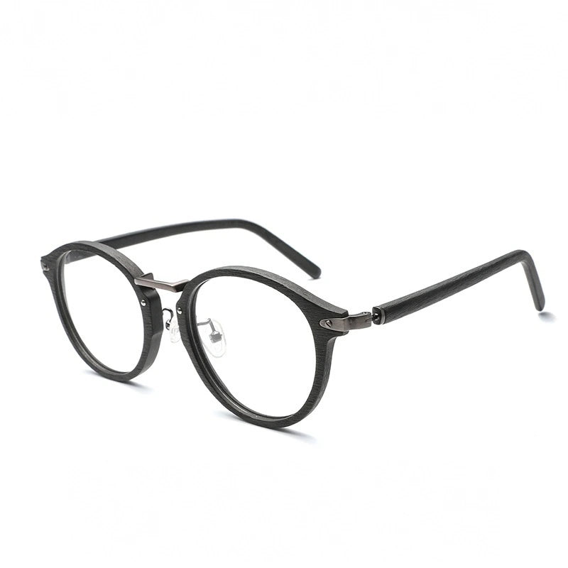 Hdcrafter Unisex Full Rim Round Acetate Eyeglasses Acetate Round Wood Grain Bc06 - C10 Black