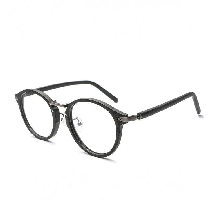 Hdcrafter Unisex Full Rim Round Acetate Eyeglasses Acetate Round Wood Grain Bc06 - C10 Black