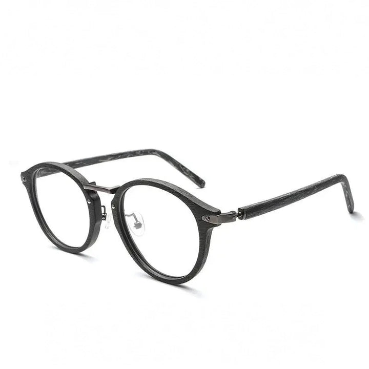 Hdcrafter Unisex Full Rim Round Acetate Eyeglasses Acetate Round Wood Grain Bc06 - Gray c82