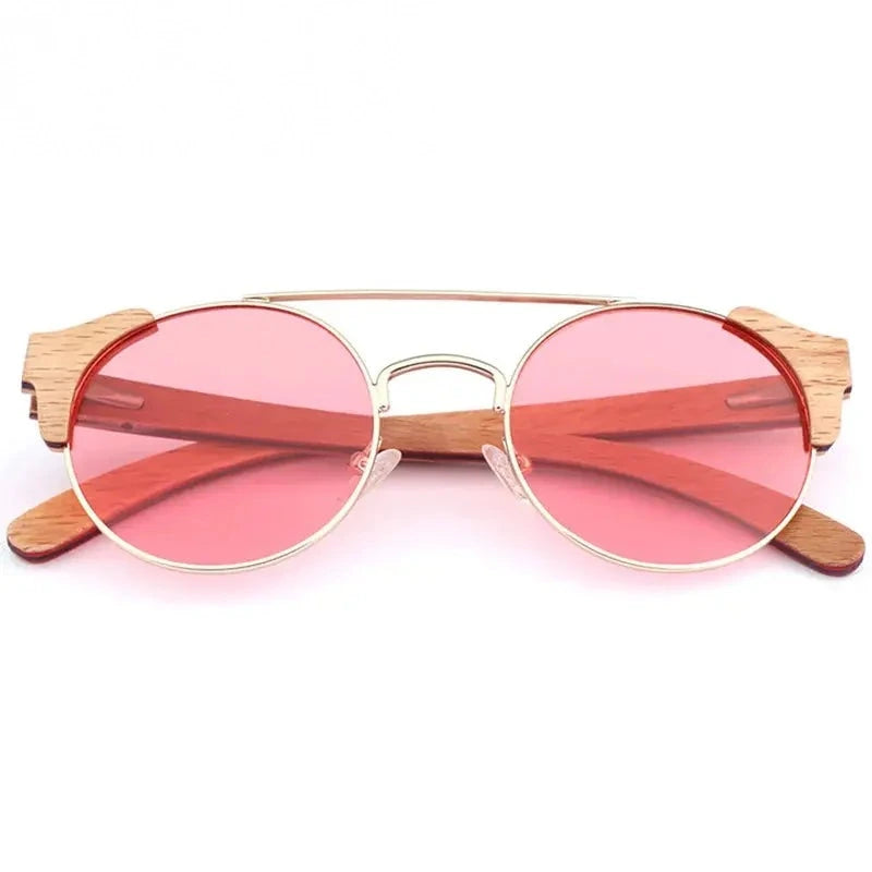 Hdcrafter Unisex Full Rim Round Alloy Wood Sunglasses 56229 - Pink