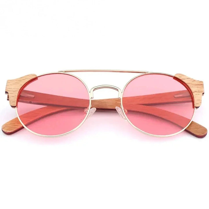 Hdcrafter Unisex Full Rim Round Alloy Wood Sunglasses 56229 - Pink