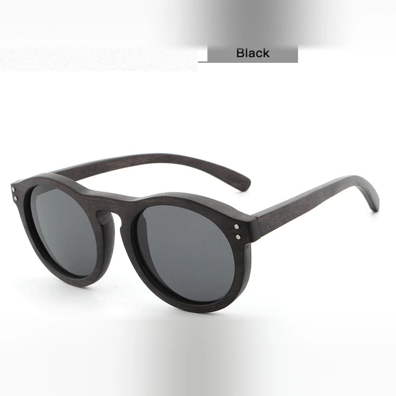 Hdcrafter Unisex Full Rim Round Bamboo Wood Frame Polarized Sunglasses Lw3016 - Black