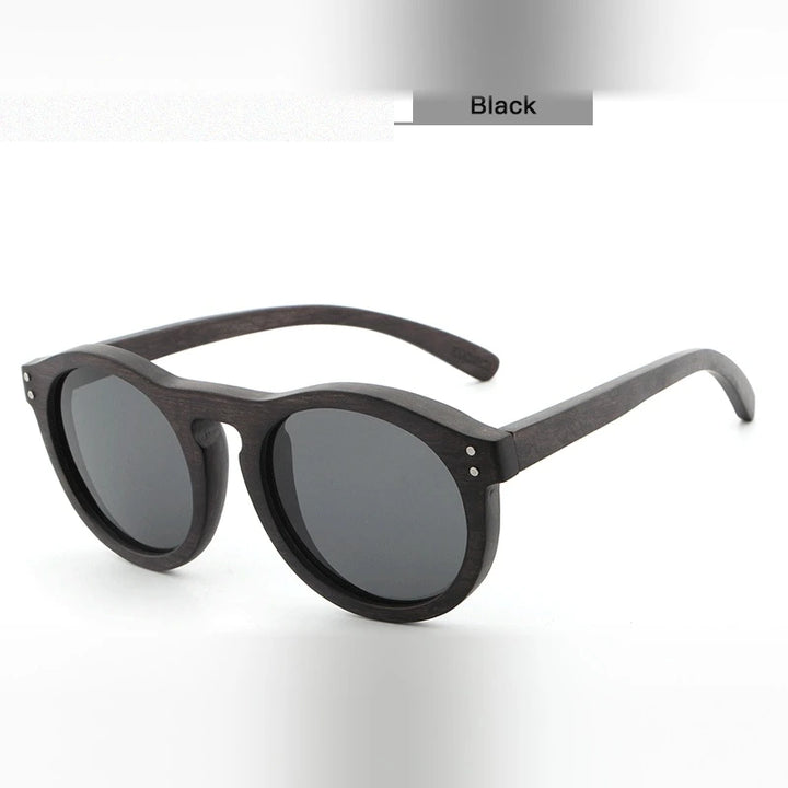 Hdcrafter Unisex Full Rim Round Bamboo Wood Frame Polarized Sunglasses Lw3016 - Black