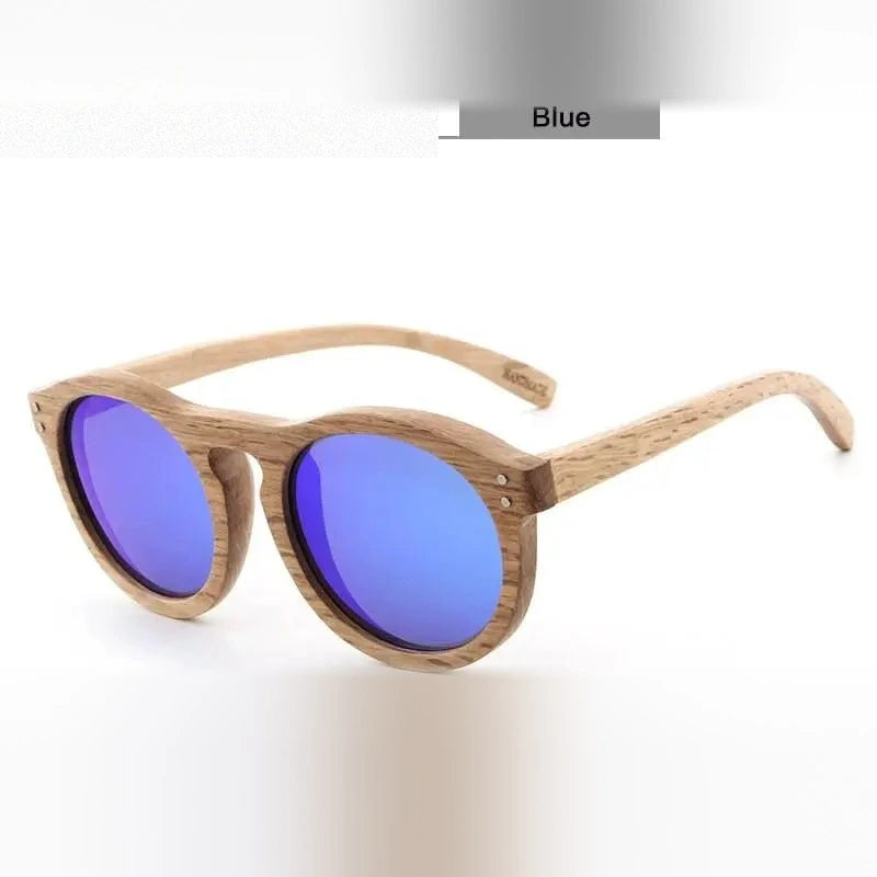 Hdcrafter Unisex Full Rim Round Bamboo Wood Frame Polarized Sunglasses Lw3016 - Blue