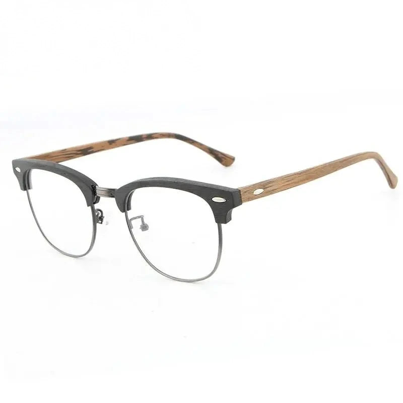 Hdcrafter Unisex Full Rim Round Half Wood Metal Frame Eyeglasses - black brown C86
