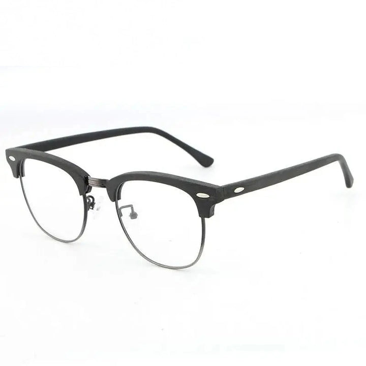 Hdcrafter Unisex Full Rim Round Half Wood Metal Frame Eyeglasses - Black C10