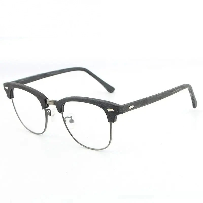 Hdcrafter Unisex Full Rim Round Half Wood Metal Frame Eyeglasses - black grey C82