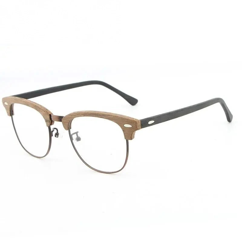 Hdcrafter Unisex Full Rim Round Half Wood Metal Frame Eyeglasses - brown black C90