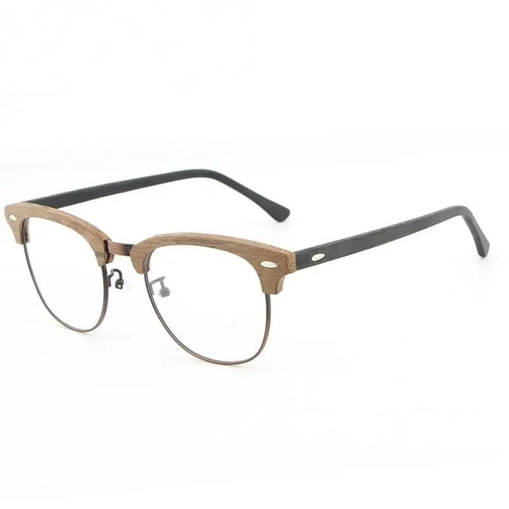 Hdcrafter Unisex Full Rim Round Half Wood Metal Frame Eyeglasses - brown black C90