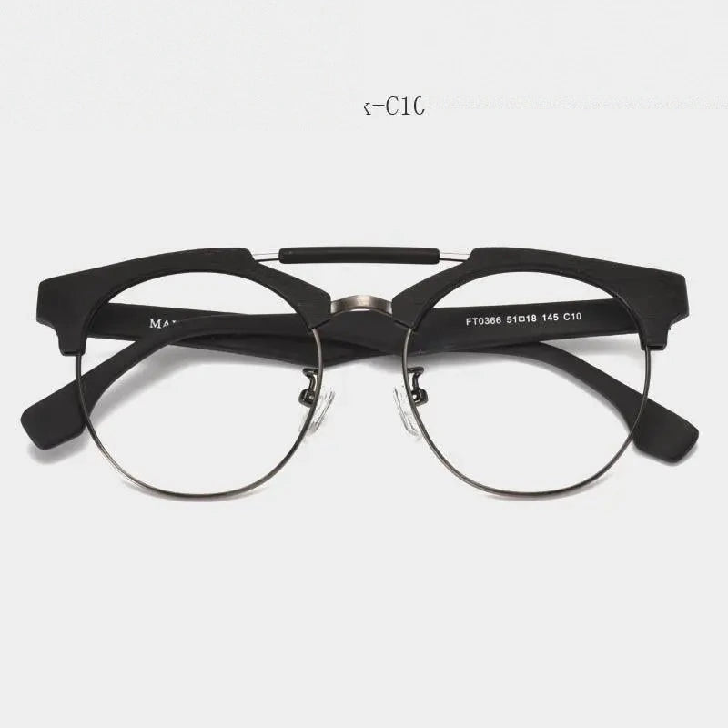 Hdcrafter Unisex Full Rim Round Wood Alloy Double Bridge Frame Eyeglasses Ft0366 - Black-C10