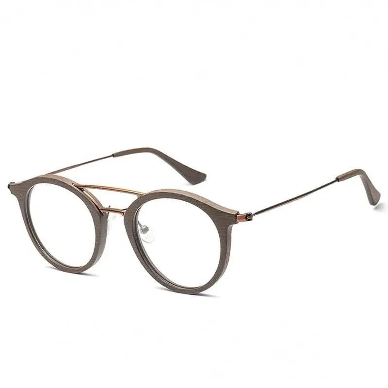 Hdcrafter Unisex Full Rim Round Wood Alloy Double Bridge Eyeglasses 4821 - C19