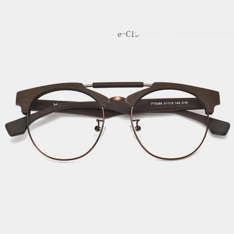 Hdcrafter Unisex Full Rim Round Wood Alloy Double Bridge Frame Eyeglasses Ft0366 - Coffee-C19