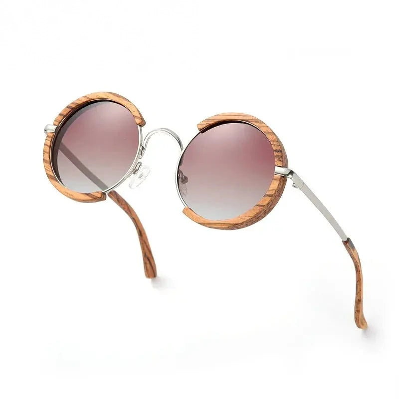 Hdcrafter Unisex Full Rim Round Wood Alloy Polarized Sunglasses 56407 - gradient-tea