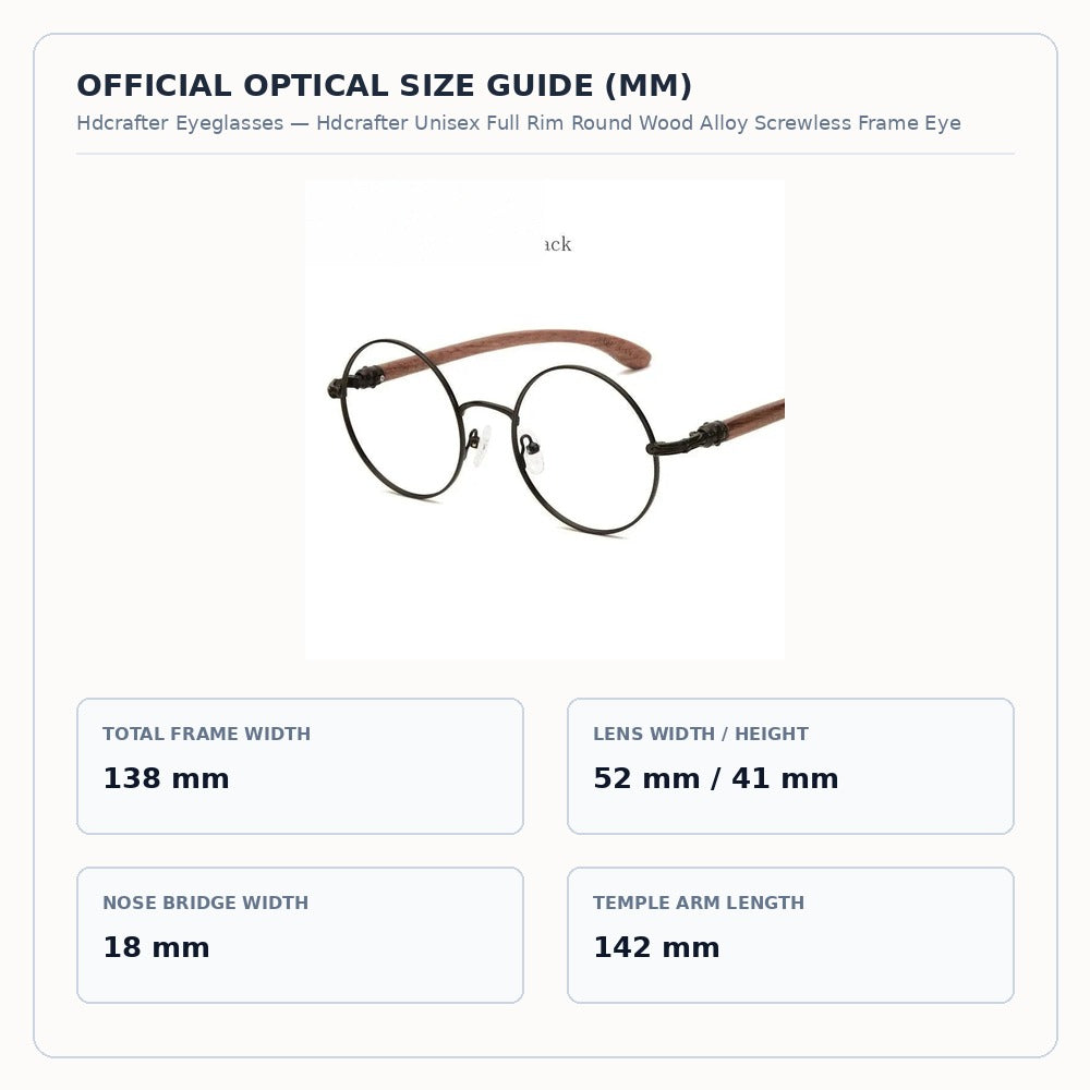 Hdcrafter Unisex Full Rim Round Wood Alloy Screwless Frame Eyeglasses 7573 - Size Chart