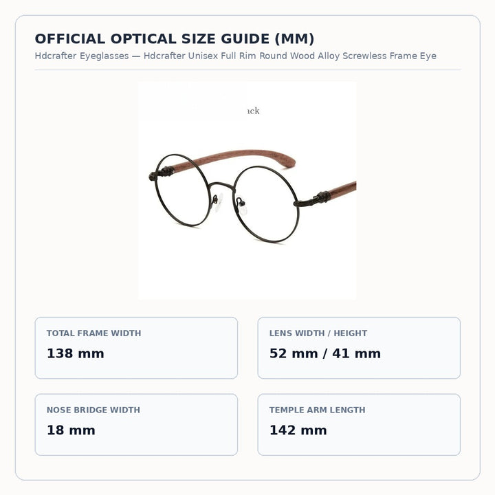 Hdcrafter Unisex Full Rim Round Wood Alloy Screwless Frame Eyeglasses 7573 - Size Chart