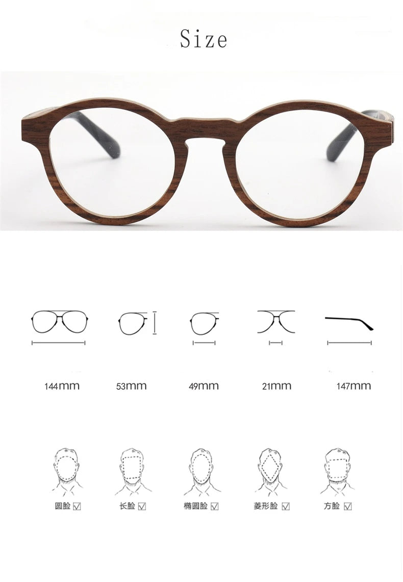 Hdcrafter Unisex Full Rim Round Wood Eyeglasses 5329 - Size Chart