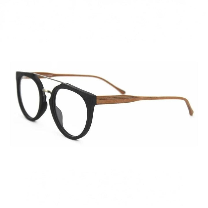 Hdcrafter Unisex Full Rim Round Wood Metal Acetate Double Bridge Frame Eyeglasses Spr09 - Black Brown-C86