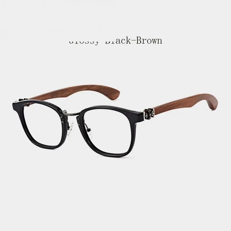 Hdcrafter Unisex Full Rim Round Wood Temple Eyeglasses 7473d - Glossy Black-Brown