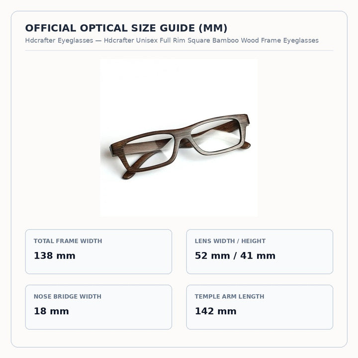 Hdcrafter Unisex Full Rim Square Bamboo Wood Frame Eyeglasses 56190 - Size Chart