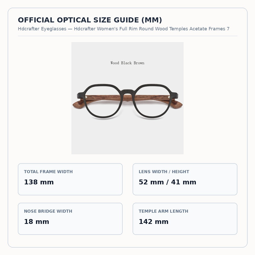 Hdcrafter Women's Full Rim Round Wood Temples Acetate Frames 759200 - Size Chart