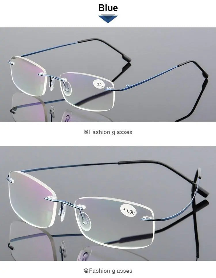 Hotochki Unisex Rectangular Rimless Alloy Reading Glasses Style 1 - Blue