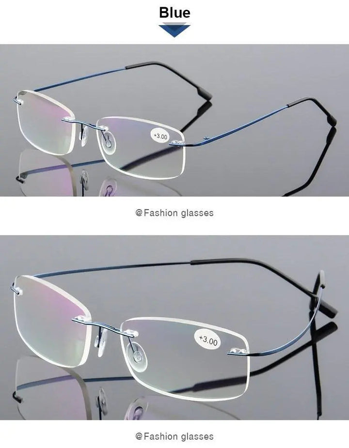 Hotochki Unisex Rectangular Rimless Alloy Reading Glasses Style 1 - Blue