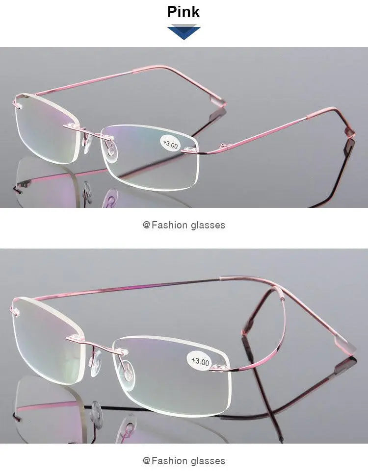 Hotochki Unisex Rectangular Rimless Alloy Reading Glasses Style 1 - Pink