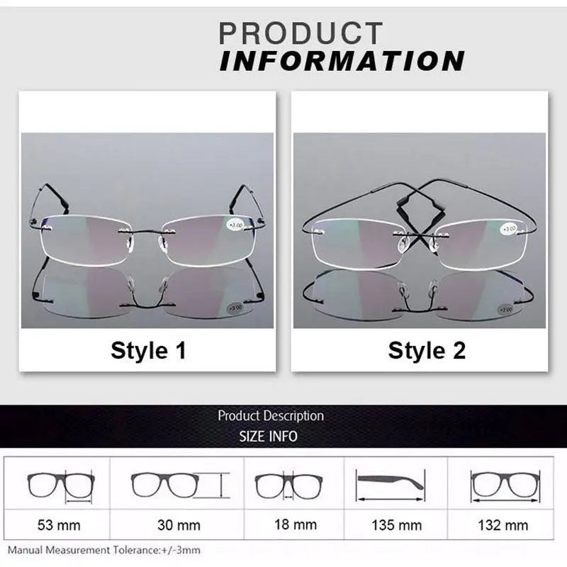 Hotochki Unisex Rectangular Rimless Alloy Reading Glasses Style 1 - Size Guide