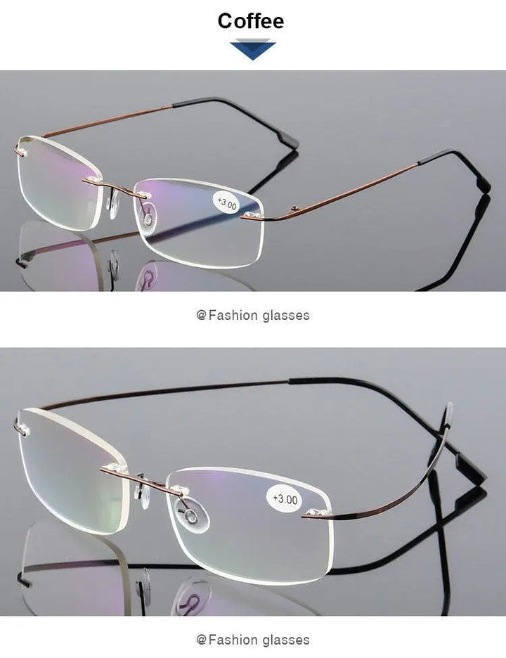 Hotochki Unisex Style 2 Rectangular Rimless Alloy Reading Glasses - Brown