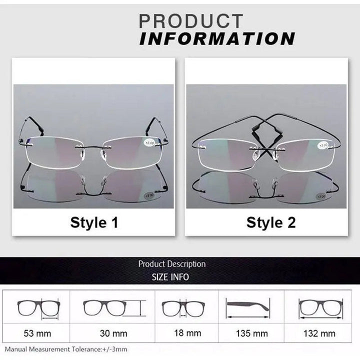 Hotochki Unisex Style 2 Rectangular Rimless Alloy Reading Glasses - Size Guide