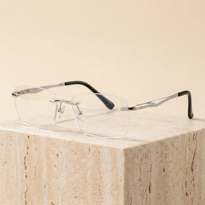 Hotony RW003 Unisex Rimless Rectangular Alloy Eyeglasses - Silver