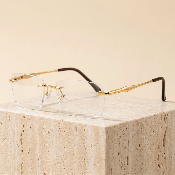 Hotony RW003 Unisex Rimless Rectangular Alloy Eyeglasses - Gold