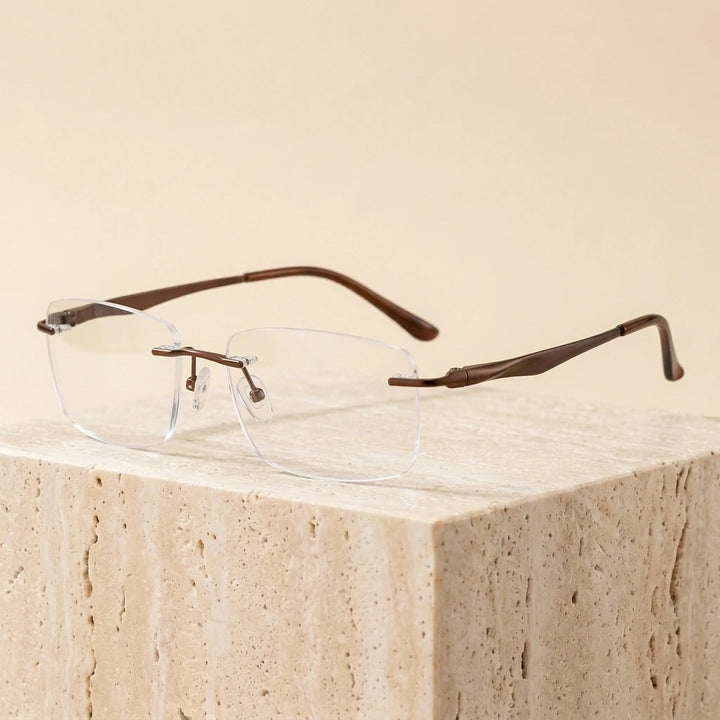 Hotony RW003 Unisex Rimless Rectangular Alloy Eyeglasses - Auburn