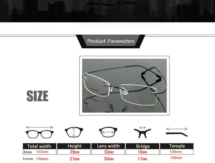 Hotony Unisex Rimless Alloy Frame Rectangle Lens Eyeglasses Rw004 - Size Guide
