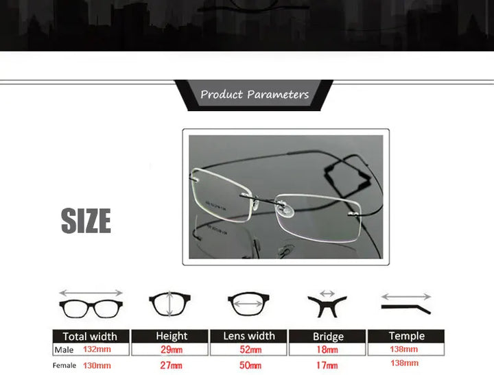 Hotony Unisex Rimless Alloy Frame Rectangle Lens Eyeglasses Rw004 - Size Guide