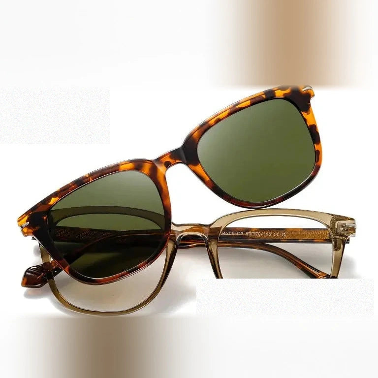 Kansept Unisex Full Rim Square Tr 90 Alloy Reading Glasses Clip On Sunglasses 34206 - S34206C3 KHAKI / +250