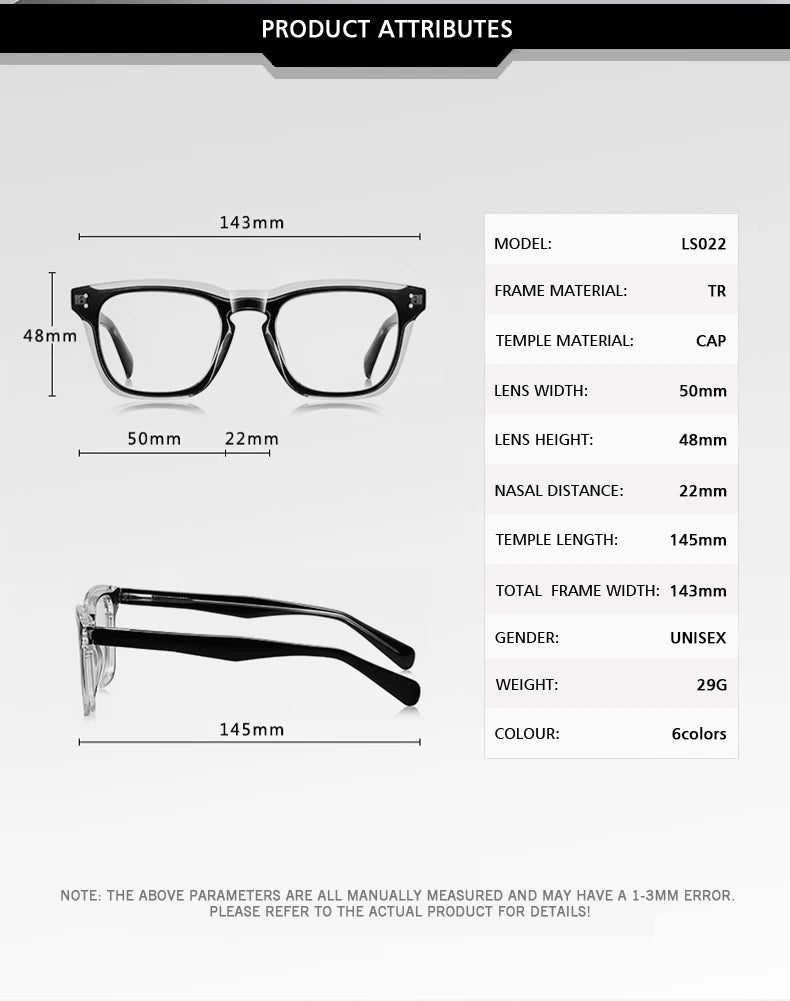 Kansept Unisex Full Rim Square Tr 90 Alloy Reading Glasses 67022 - Size Chart