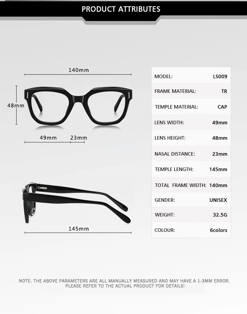 Kansept Unisex Full Rim Square Tr 90 Alloy Reading Glasses 71009 - Size Chart