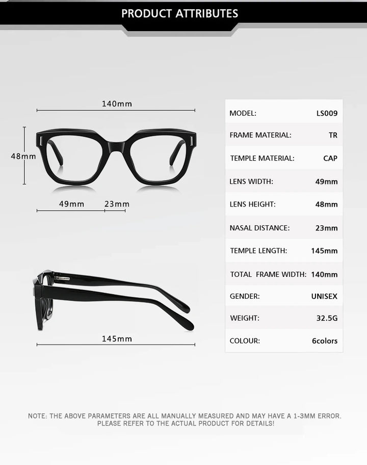 Kansept Unisex Full Rim Square Tr 90 Alloy Reading Glasses 71009 - Size Chart