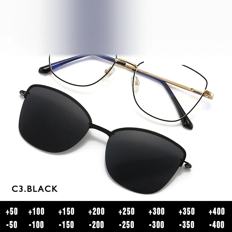 Kansept Women's Full Rim  Cat Eye Alloy Reading Glasses Clip On Sunglasses 70159 - 7015 C3 BLACK / -350