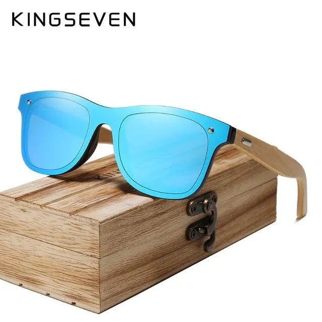 Kingseven Siamese Lens Sunglasses Men Bamboo Women Red Mirror Y5788F1 - Blue  bamboo