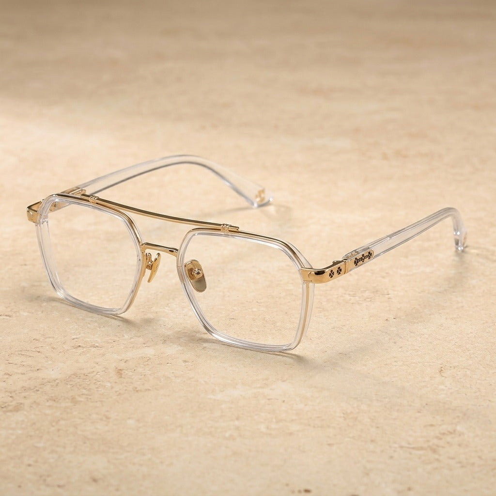 Kocolior Unisex Full Rim Square Acetate Double Bridge Titanium Eyeglasses 0039 - Transparent Gold