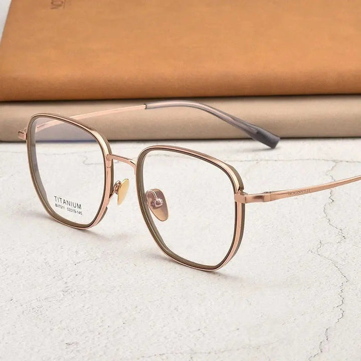Kocolior Unisex Full Rim Square Titanium Acetate Eyeglasses V7011 - Tea Gold