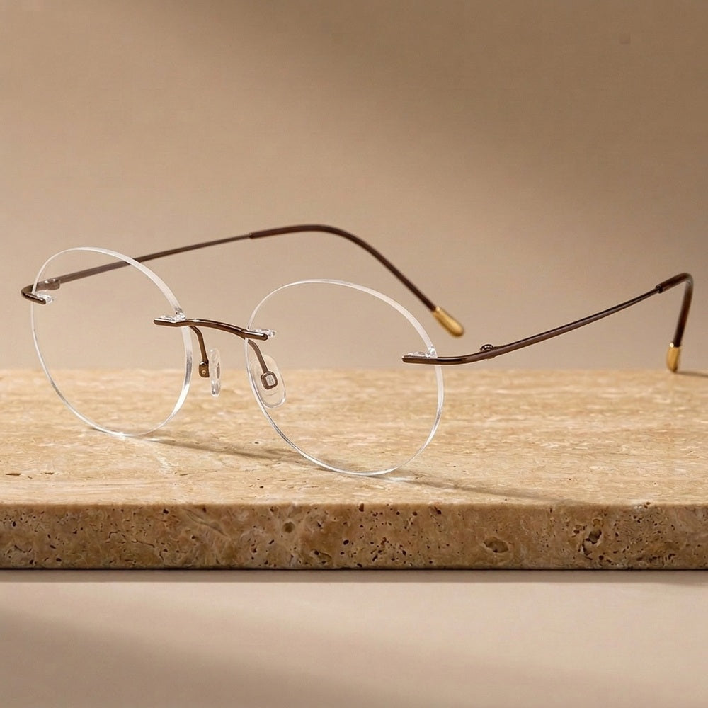 Krasivyy Unisex Rimless Round Pure Titanium Eyeglasses KR16012 - Bright Brown — view 11 | Krasivyy at FuzWeb