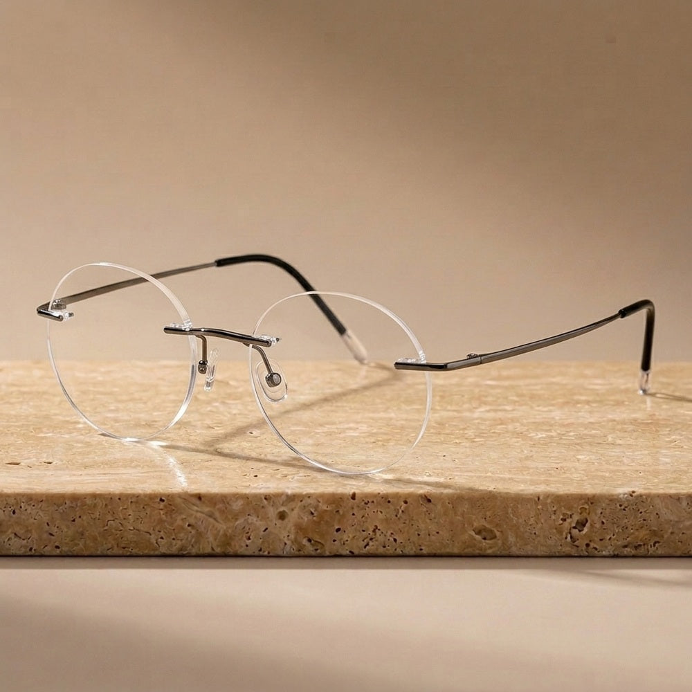 Krasivyy Unisex Rimless Round Pure Titanium Eyeglasses KR16012 - Bright Gun — view 5 | Krasivyy at FuzWeb