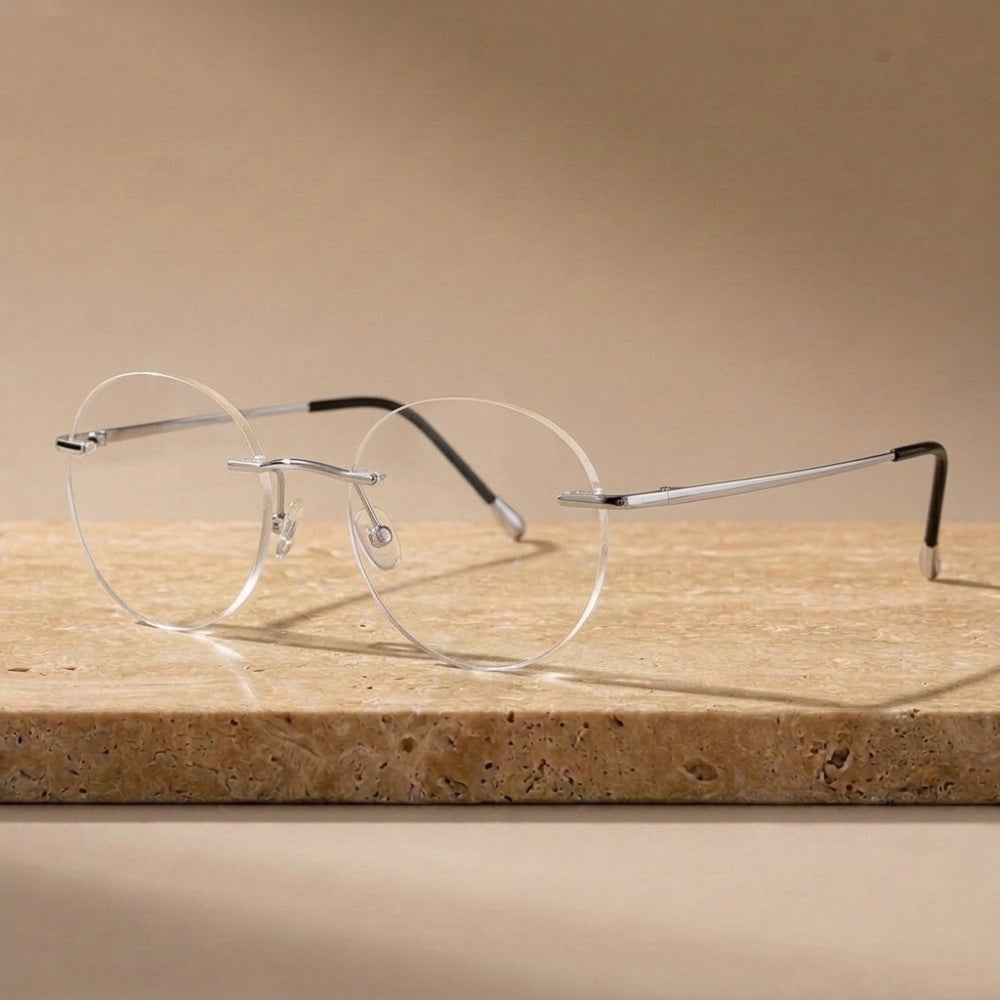 Krasivyy Unisex Rimless Round Pure Titanium Eyeglasses KR16012 - Bright Silver — view 6 | Krasivyy at FuzWeb