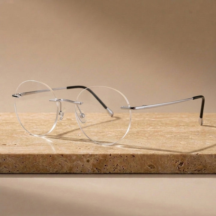 Krasivyy Unisex Rimless Round Pure Titanium Eyeglasses KR16012 - Bright Silver — view 6 | Krasivyy at FuzWeb